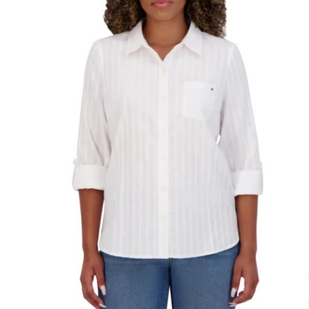 NWT Tommy Hilfiger Classic White Dobby Stripe Button Down Shirt Size S